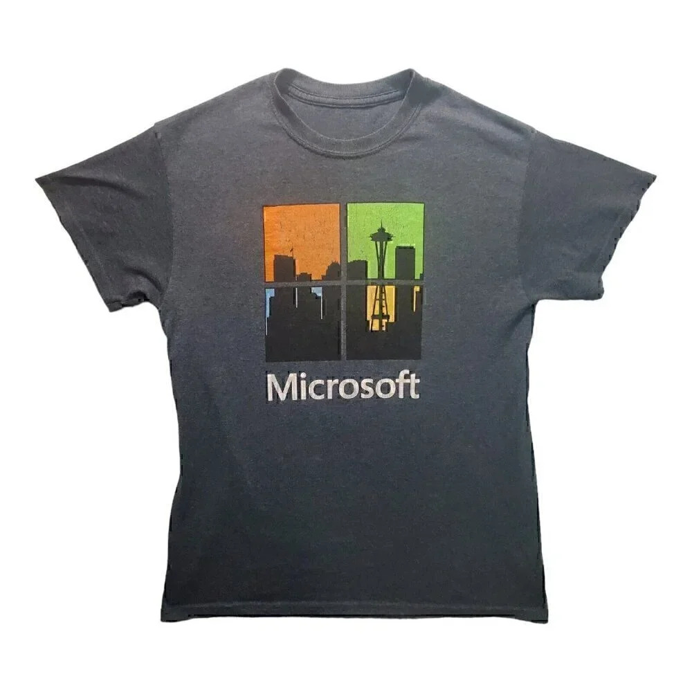 Microsoft Windows Seattle Skyline Graphic T Shirt Men's Gray Short Sleeve Tee